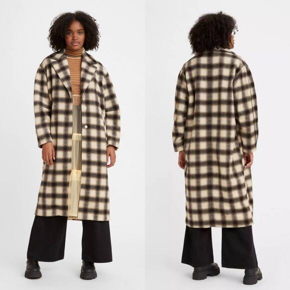 Women's Levi's Agnes Black Cream Checked Pattern Long Wool Coat (Sz XL) - Picture 1 of 11